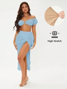 SHEIN SXY 一字肩環鏈短款上衣&圍裹側打結半身裙 - 淺藍色 - 查看 1