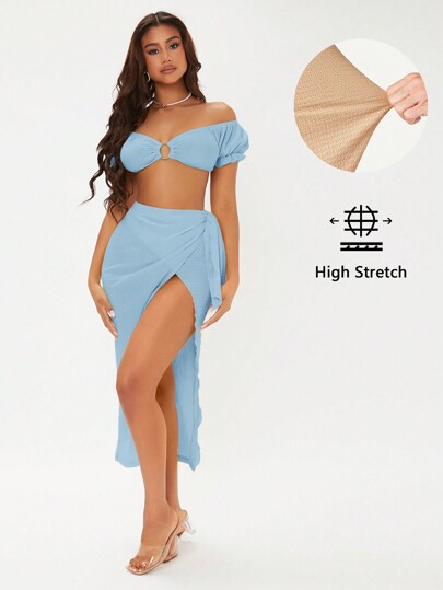 SHEIN SXY 一字肩環鏈短款上衣&圍裹側打結半身裙