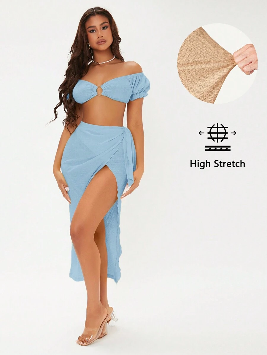 SHEIN SXY 一字肩環鏈短款上衣&圍裹側打結半身裙 - 淺藍色 - 查看 1