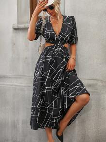 SHEIN Clasi 幾何印花腰部鏤空洋裝 - 黑與白 - 查看 1