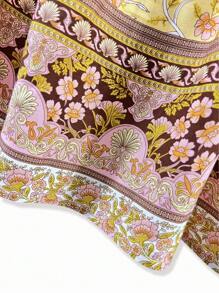 SHEIN Holidaya Blusa con estampado floral de cuello con cordón - Amarillo - Ver 4
