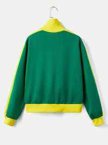 SHEIN EZwear 字母圖案拼接側邊接縫拉鏈開襟夾克 - 綠色 - 查看 2