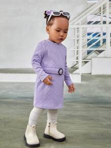 SHEIN Baby Girl Solid Belted Tee Dress - Purple - View 3