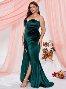 Plus Split Thigh Velvet Tube Prom Dress - Green - View 6
