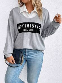 SHEIN LUNE 加大码字母图案落肩二合一卫衣套头衫秋季卫衣 - 灰色 - 查看 4