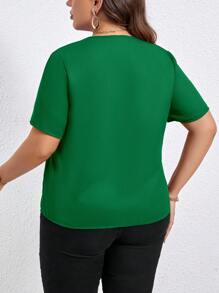 SHEIN LUNE Áo sơ mi tay ngắn cổ khoét màu trơn cỡ lớn thường ngày - Màu xanh lá cây đậm - Xem 2