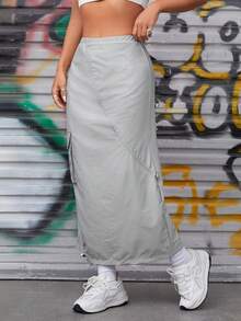 SHEIN PETITE Drawstring Ruched Flap Pocket Side Skirt - Grey - View 3