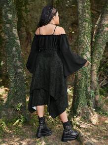 ROMWE Fairycore Plus Cold Shoulder Flare Sleeve Lace Up Front Dress - Multicolor - View 2