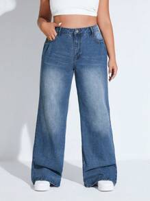 SHEIN EZwear Quần Denim kích thước lớn Nút Túi Dây kéo màu trơn - Rửa trung bình - Xem 3