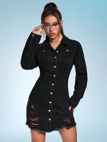 SHEIN ICON 破洞毛邊牛仔洋裝 - 黑色 - 查看 5