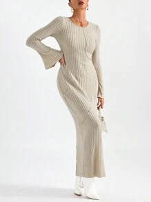 SHEIN Privé Vestido unicolor de manga amplia tejido de canalé - Albaricoque - Ver 1