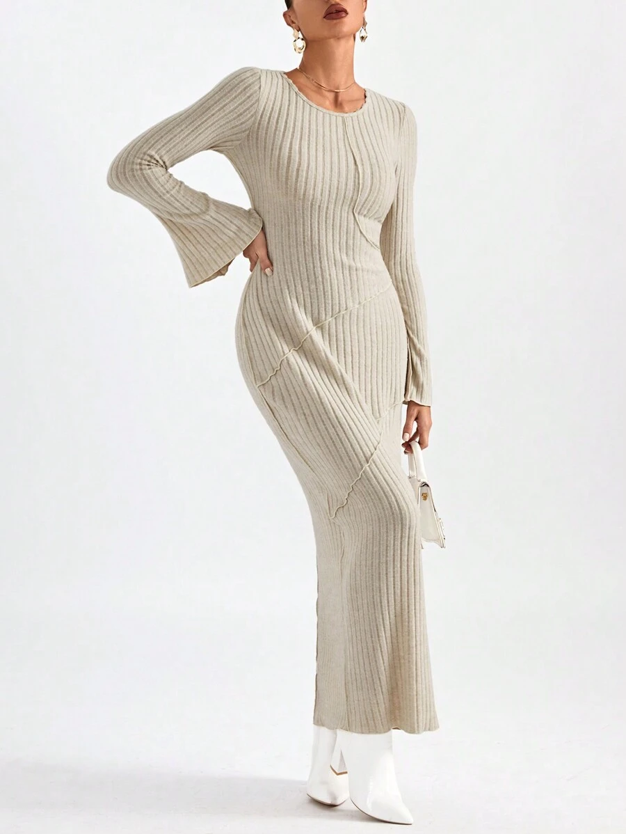 SHEIN Privé Vestido unicolor de manga amplia tejido de canalé - Albaricoque - Ver 1