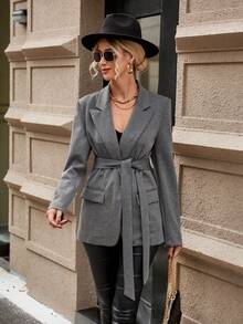 SHEIN BIZwear Tay áo cuộn Thắt lưng Áo vest - Màu Xám nhạt - Xem 7