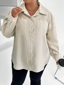 Calvaya Plus Drop Shoulder Pocket Patched Corduroy Coat - Apricot - View 6