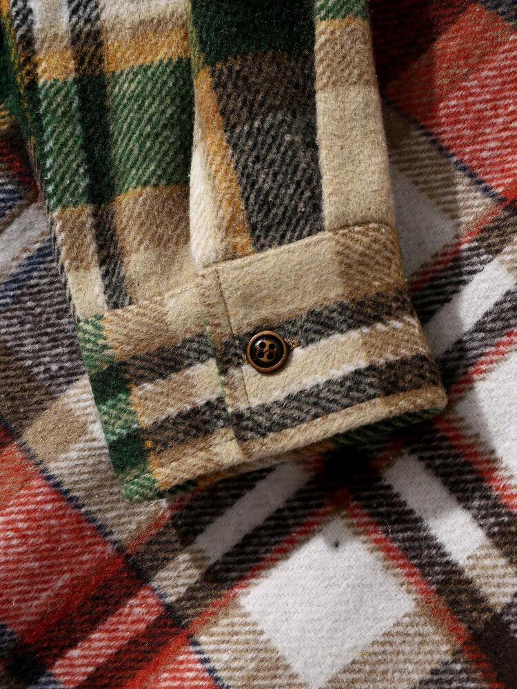 Men Plaid Print Colorblock Drawstring Hooded Overcoat Without Tee