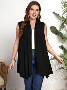 EMERY ROSE Chaleco abierto de talla grande de color sólido para otoño/invierno - Negro - Ver 1