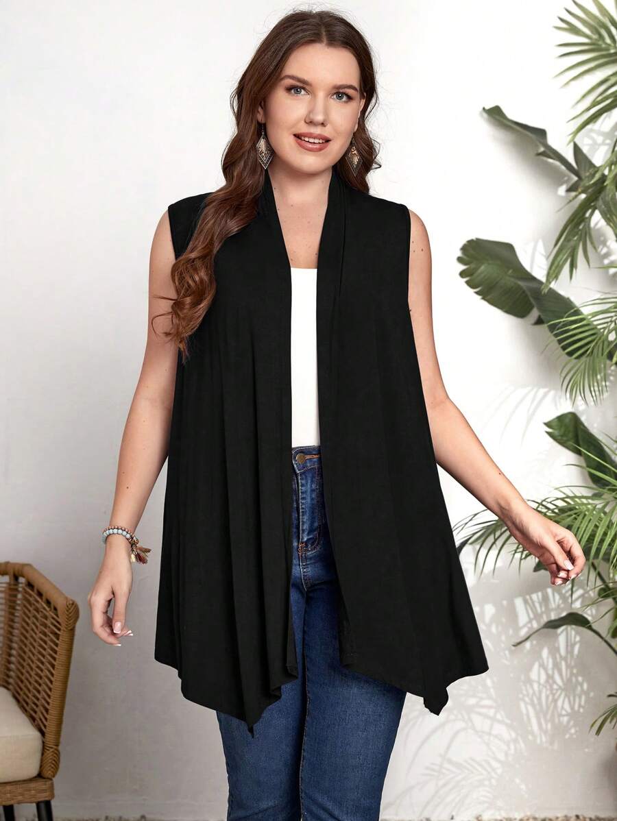 EMERY ROSE Chaleco abierto de talla grande de color sólido para otoño/invierno - Negro - Ver 1