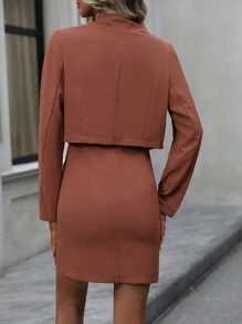 SHEIN Privé Chất rắn Váy Dây & Ngực đơn Áo vest - màu nâu - Xem 2