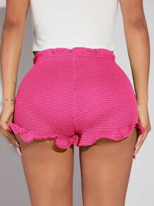 SHEIN SXY Summer/Beach;Waffle Knit Lettuce Trim Shorts - Hot Pink - View 2