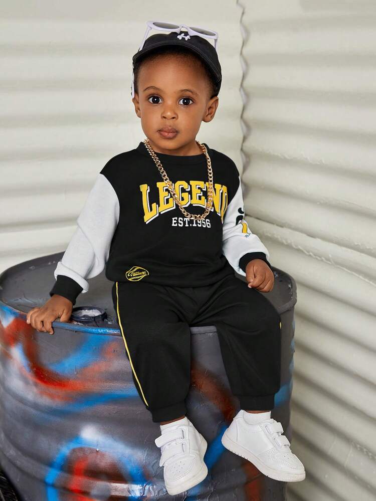 Baby Boy Letter Graphic Two Tone Sweatshirt & Sweatpants