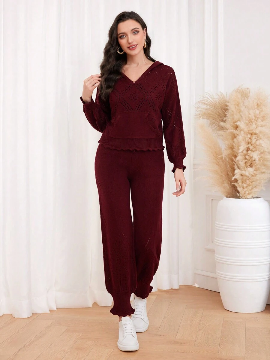 Mulvari 勃艮第红色纯色连帽毛衣和针织裤 - 酒紅色 - 查看 1