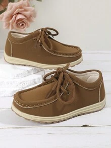 1pair Unisex Kids Casual Breathable Mark Leather Flats Suitable For Spring, Summer And Fall - Brown - View 5