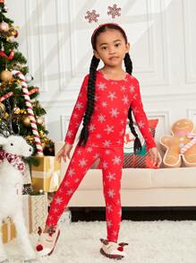 SHEIN Conjunto De Pijama Para Niña Joven Con Estampado De Copo De Nieve Y Ajuste Cómodo Para La Navidad - Rojo - Ver 5
