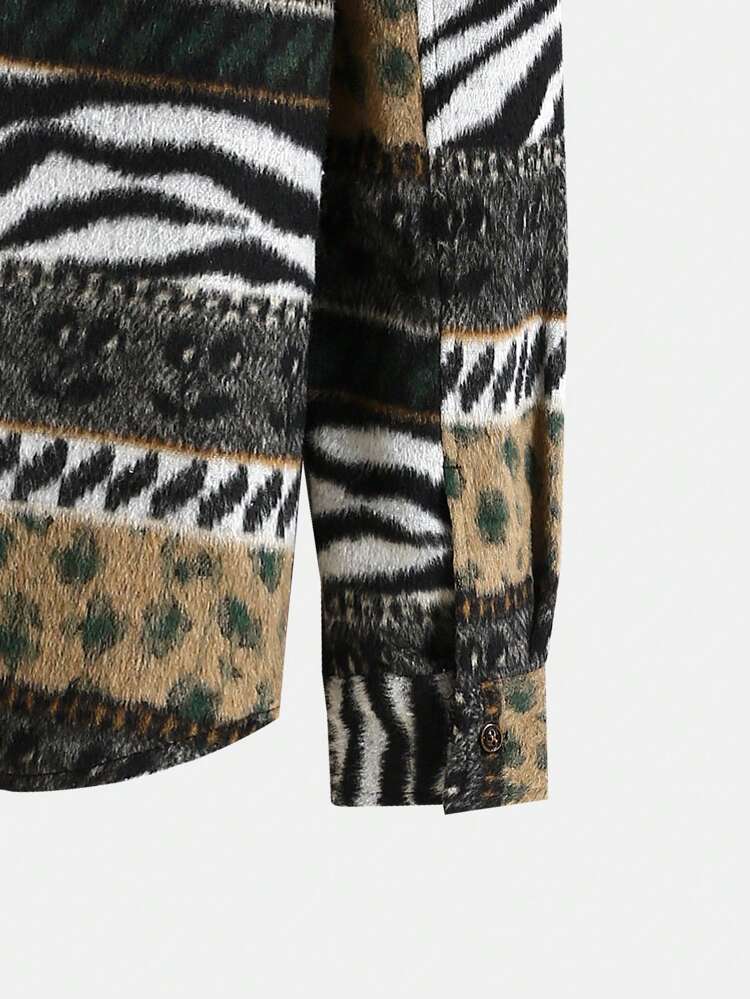 Men Zebra Striped & Leopard Print Overcoat Without Hoodie