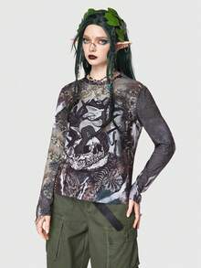 ROMWE Fairycore In đầu lâu & hoa Áo thun - Nhiều màu - Xem 5