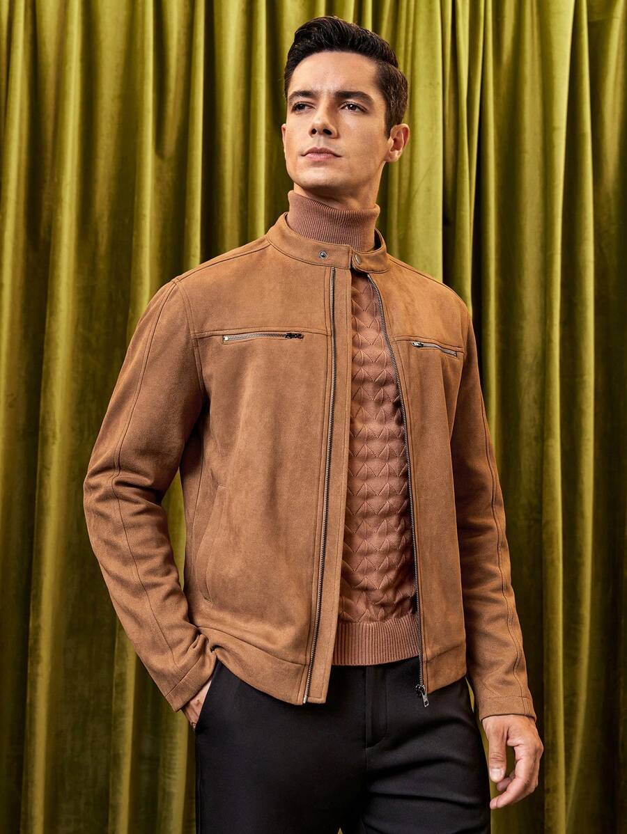 GENTILAND Nam Dây kéo Faux Suede Áo khoác - màu nâu - Xem 1