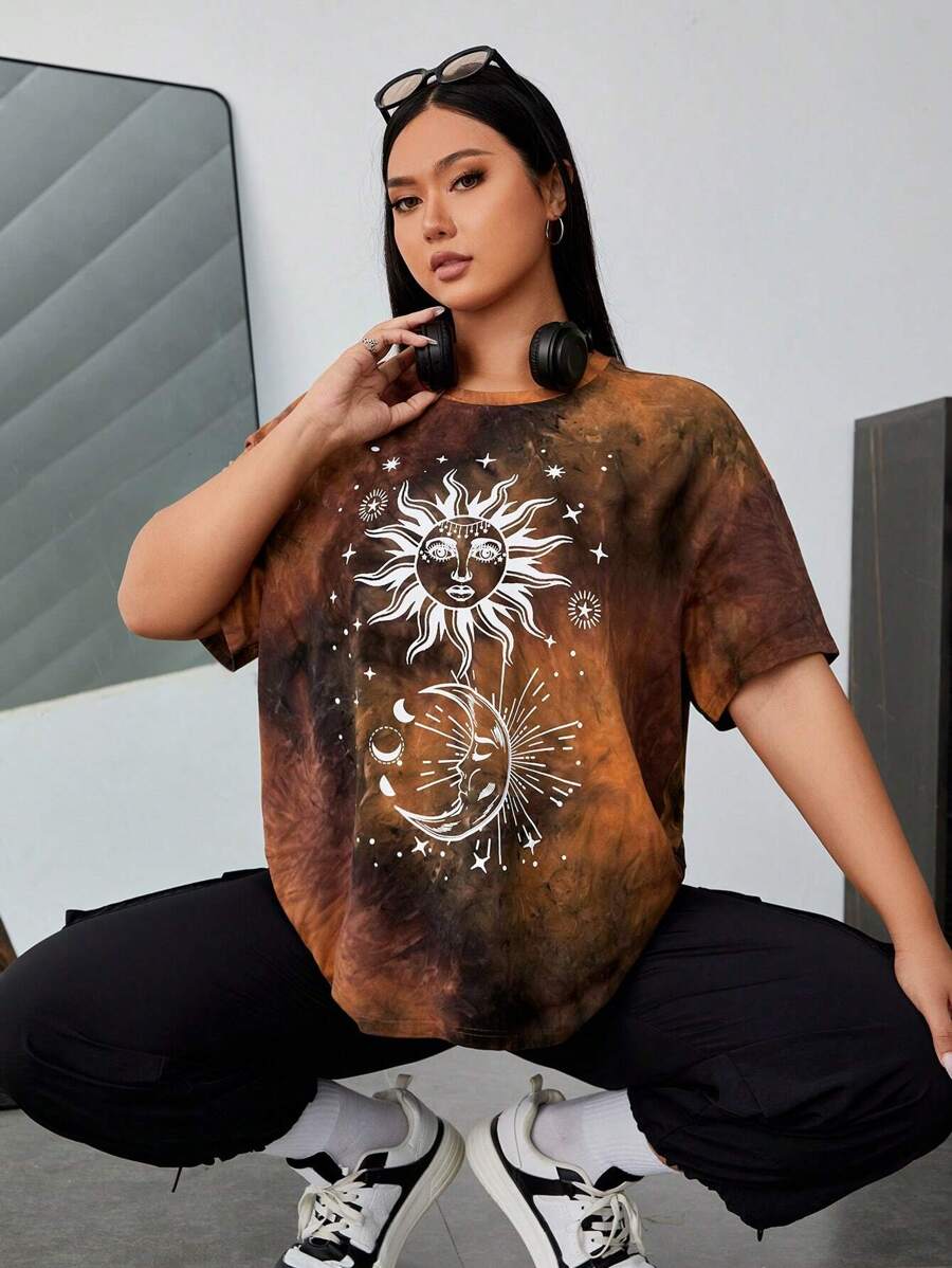 SHEIN EZwear 大碼日月圖案紮染落肩T恤