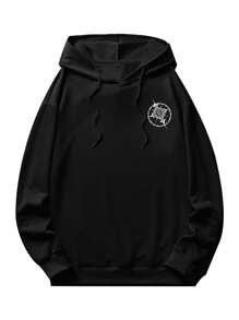 ROMWE MEN Goth Men Cross & Slogan Graphic Hoodie - Black - View 2