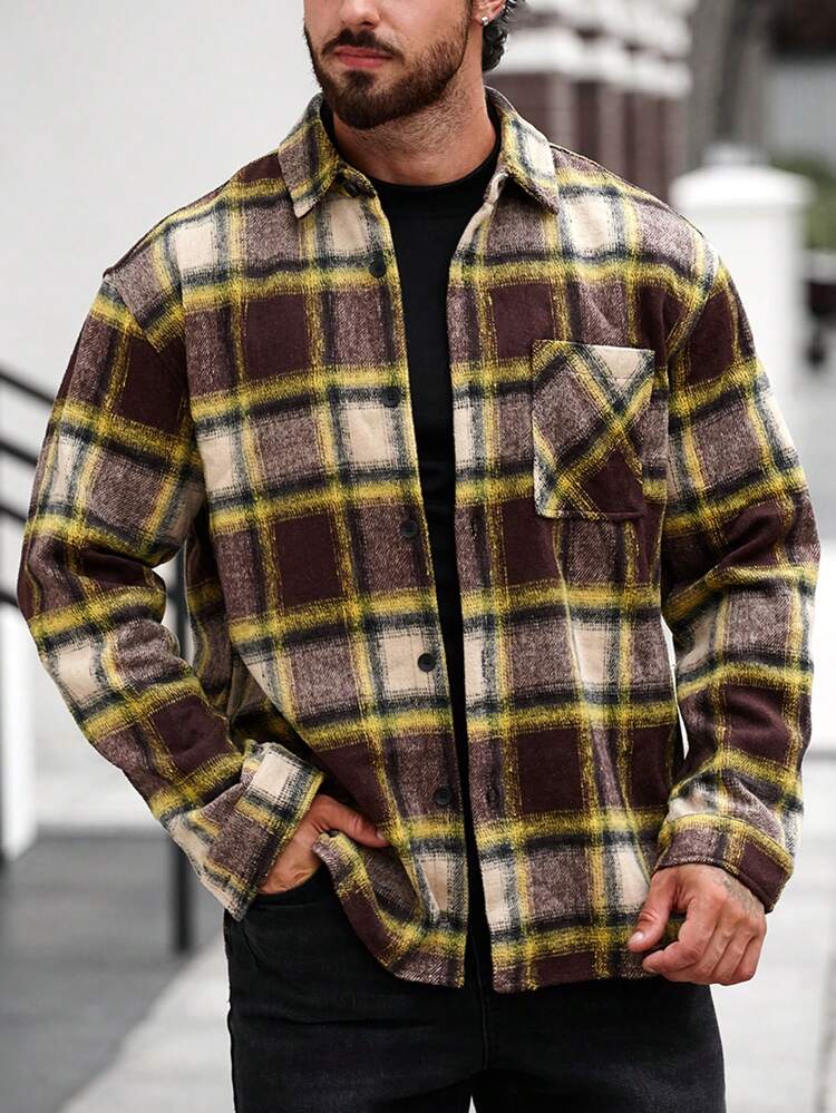 Loose Fit Men's Plaid Printed Shacket With Patched Pockets