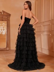 Faeriesty 华丽亮片礼服，层叠薄纱裙摆，高开衩设计 | 适合盛大晚宴、婚礼和戛纳派对的奢华晚礼服，优雅迷人