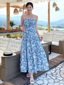 DAZY Vestido de tirantes con estampado floral bajo con fruncido - Azul - Ver 5