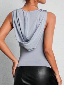 SHEIN PETITE Hooded Cut Out Tank Top - Grey - View 2