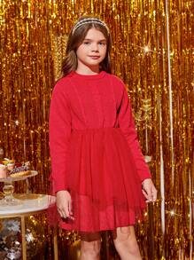 SHEIN Tween Girl Mesh Hem Sweater Dress - Red - View 1