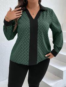 SHEIN Clasi Hơn In Địa lý Viền tương phản Áo sơ mi - xanh quân đội - Xem 5