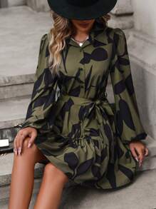 SHEIN LUNE Allover Print Lantern Sleeve Ruffle Hem Belted Shirt Dress