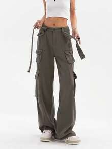 Quần jean nữ Thắt lưng Nút Túi Dây kéo màu trơn Giải trí - xanh quân đội - Xem 3