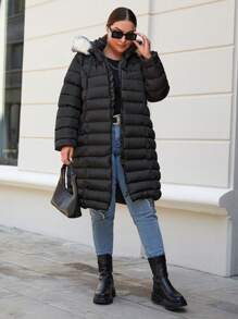 RueChic Plus Fuzzy Trim Hooded Puffer Coat - Black - View 3