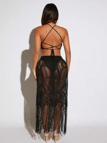 SHEIN SXY Cut Out Fringe Hem Lace Cami Dress - Black - View 2