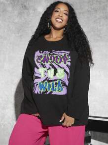 SHEIN CURVE+ 大码字母图案落肩毛衣 - 黑色 - 查看 5