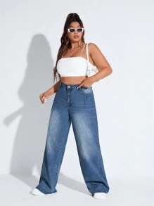 SHEIN EZwear Quần Denim kích thước lớn Nút Túi Dây kéo màu trơn - Rửa trung bình - Xem 5