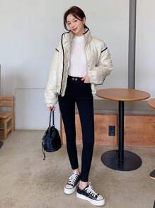 DAZY Áo khoác có túi dày, viền rút dây, khóa kéo, chần bông, quần áo mùa đông cho nữ, áo khoác mùa đông cho nữ - Màu be - Xem 6