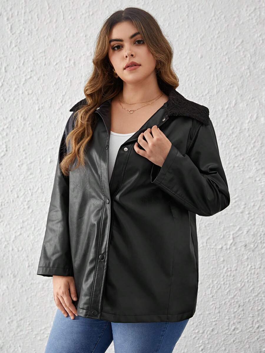 SHEIN Essnce 大碼博格領PU 皮革外套 - 黑色 - 查看 1