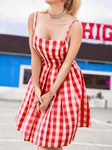 SHEIN Unity Women's Plaid Print Casual Retro Strap Dress - Red - View 5
