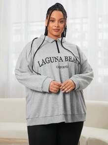 SHEIN CURVE+ Plus Size Letter Graphic Drop Shoulder Quarter Zip Sweatshirt - Light Grey - View 5