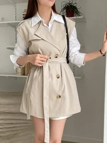 DAZY 1 chiếc áo khoác vest có thắt lưng đôi - Màu be - Xem 4
