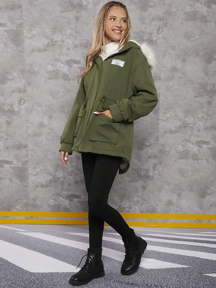 Teen Girl Letter Patched Drawstring Waist Hooded Padded Coat